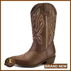 Embroidered Mid-Calf Cowboy Boots with Faux Leather and Rubber Sole
